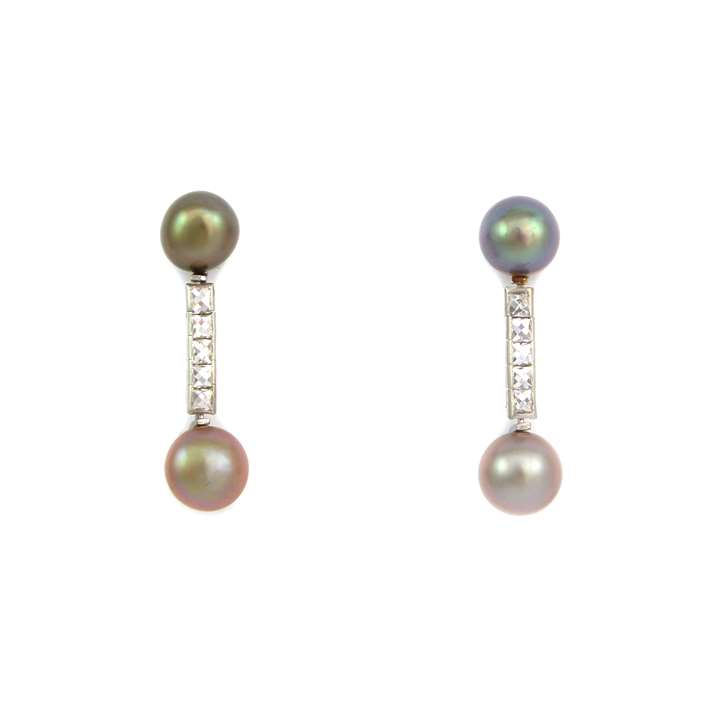 Pair of coloured pearl and diamond pendant earrings